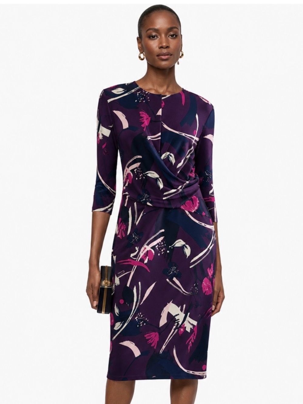 ELIZA J Purple Floral Draped Midi Sheath Dress Size 6
